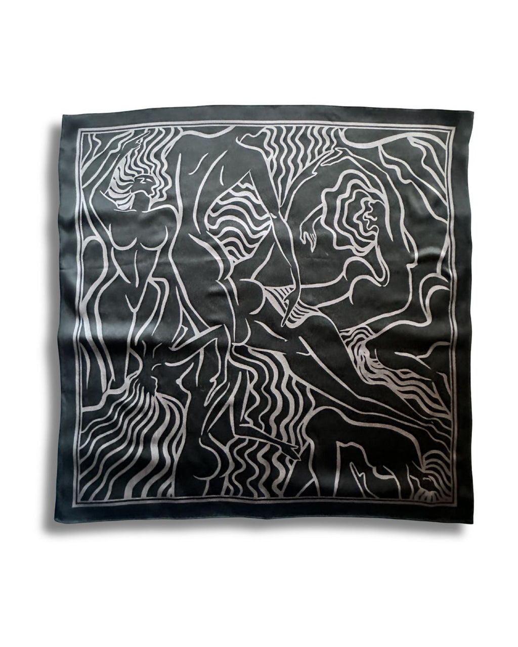 Black square scarf with grey patterns of ladies on a white background