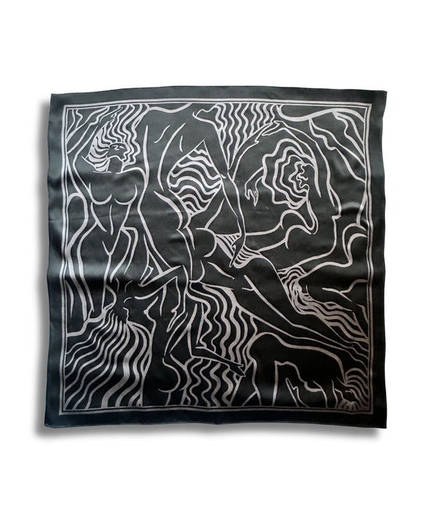 Black square scarf with grey patterns of ladies on a white background
