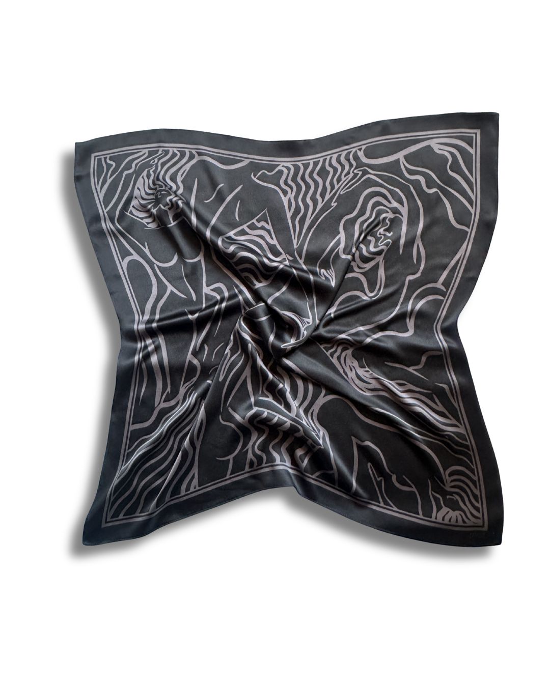 Black scarf with white abstract design on a white background